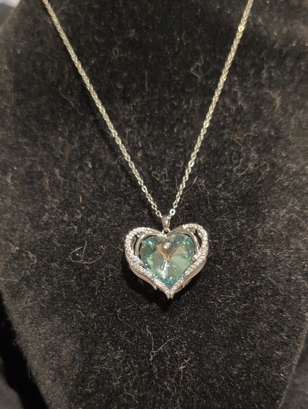 Heart Pendant Necklace with Aqua Crystal and Silver Tone